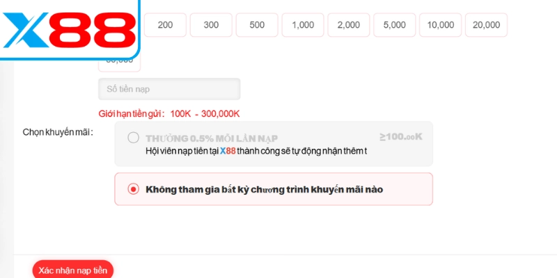 Quy trình nạp tiền X88 qua hình thức quét mã QR